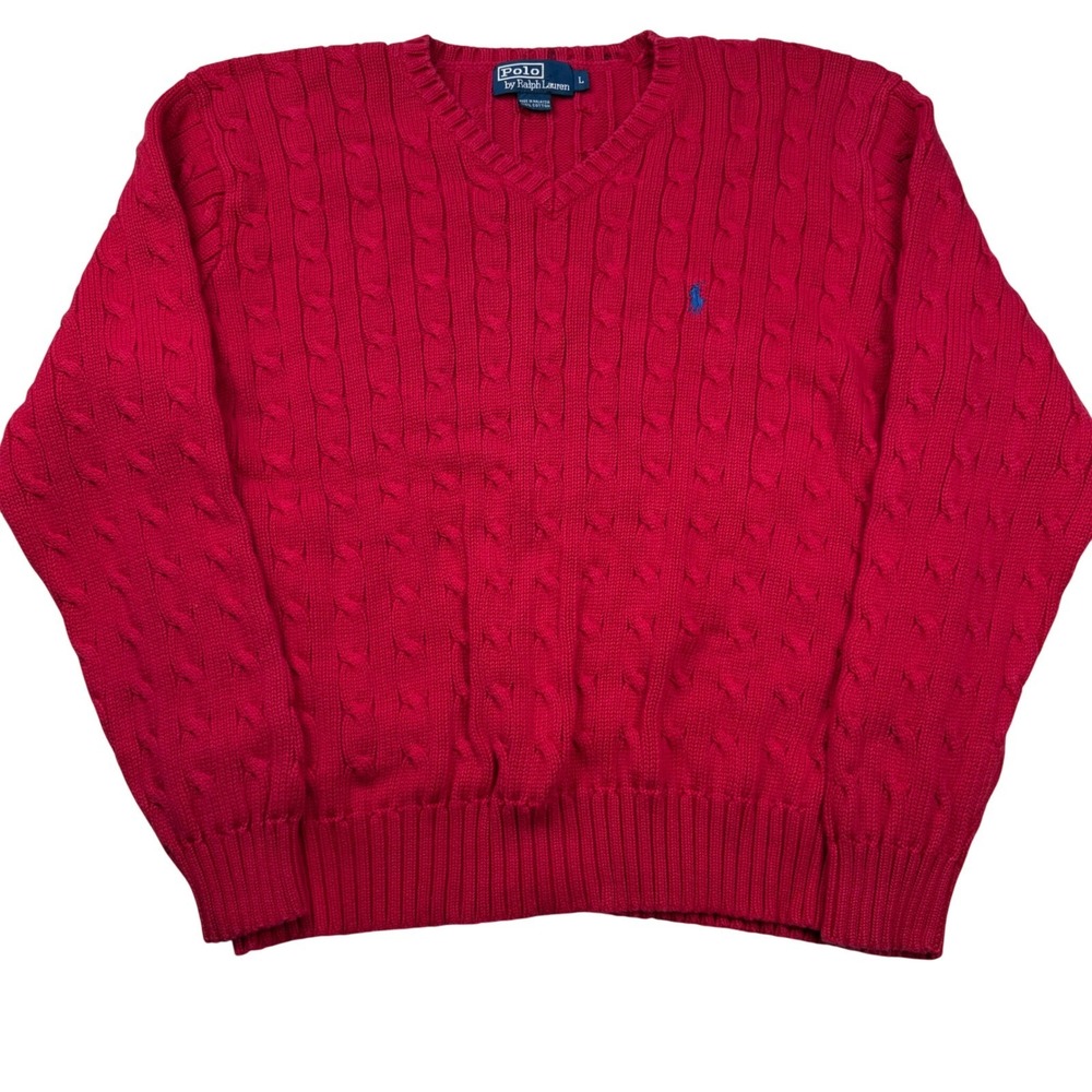 Polo Ralph Lauren Mens V-Neck Cable Knit Sweater Red Cotton Large Pony Preppy